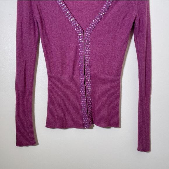 Vintage Y2K Plenty Wool Blend Magenta Deep V Cardigan / Sz L / Fitted Sequined - Picture 4 of 10